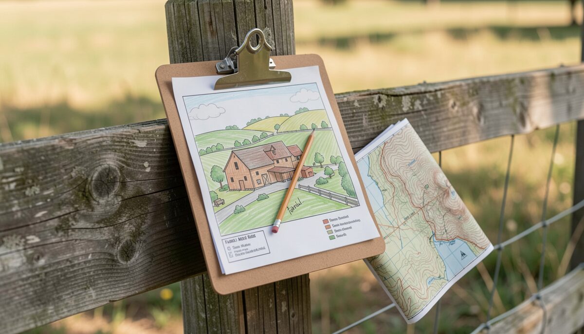 A base map and field notes ready for a boundary walk. Illustrative image, generated with AI.