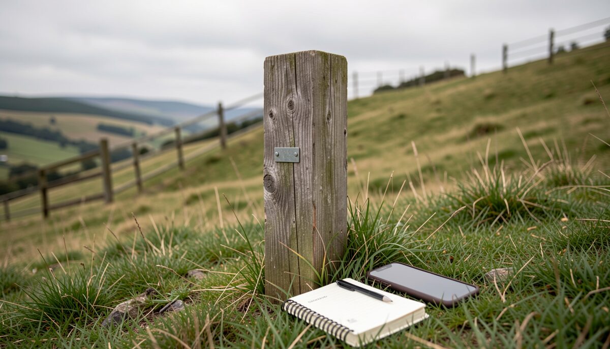 A marked photo point on a farm hillside, with a tag post, notebook and phone ready for a repeat capture. Illustrative image, generated with AI.